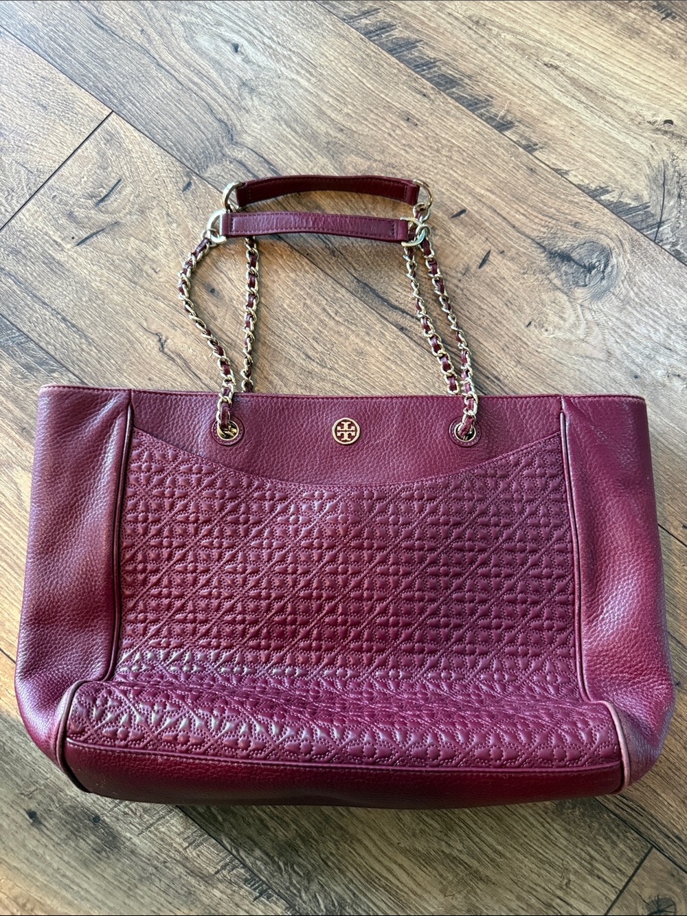 Tory Burch Quilted Leather Tote in Burgundy with Gold Chain Straps